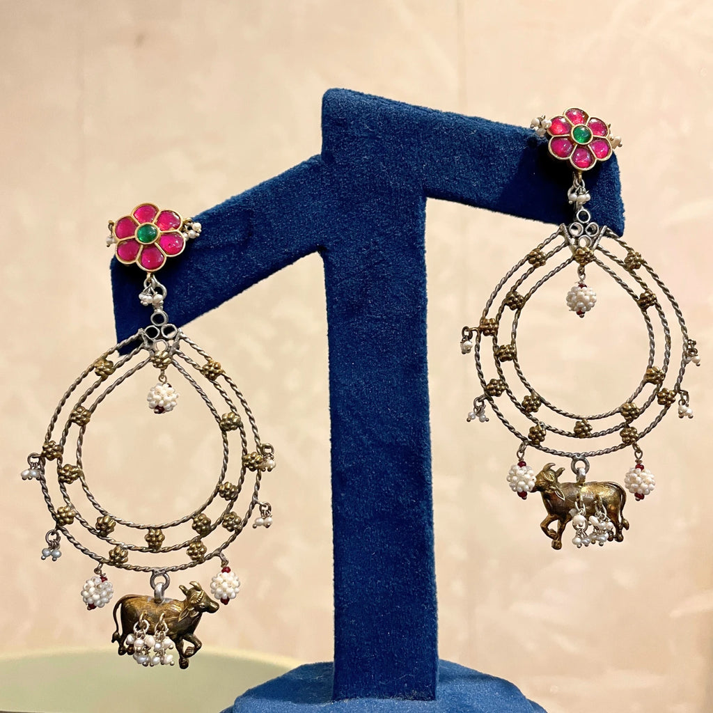 Aviya Earrings (Red Flower & Nandi Motif)