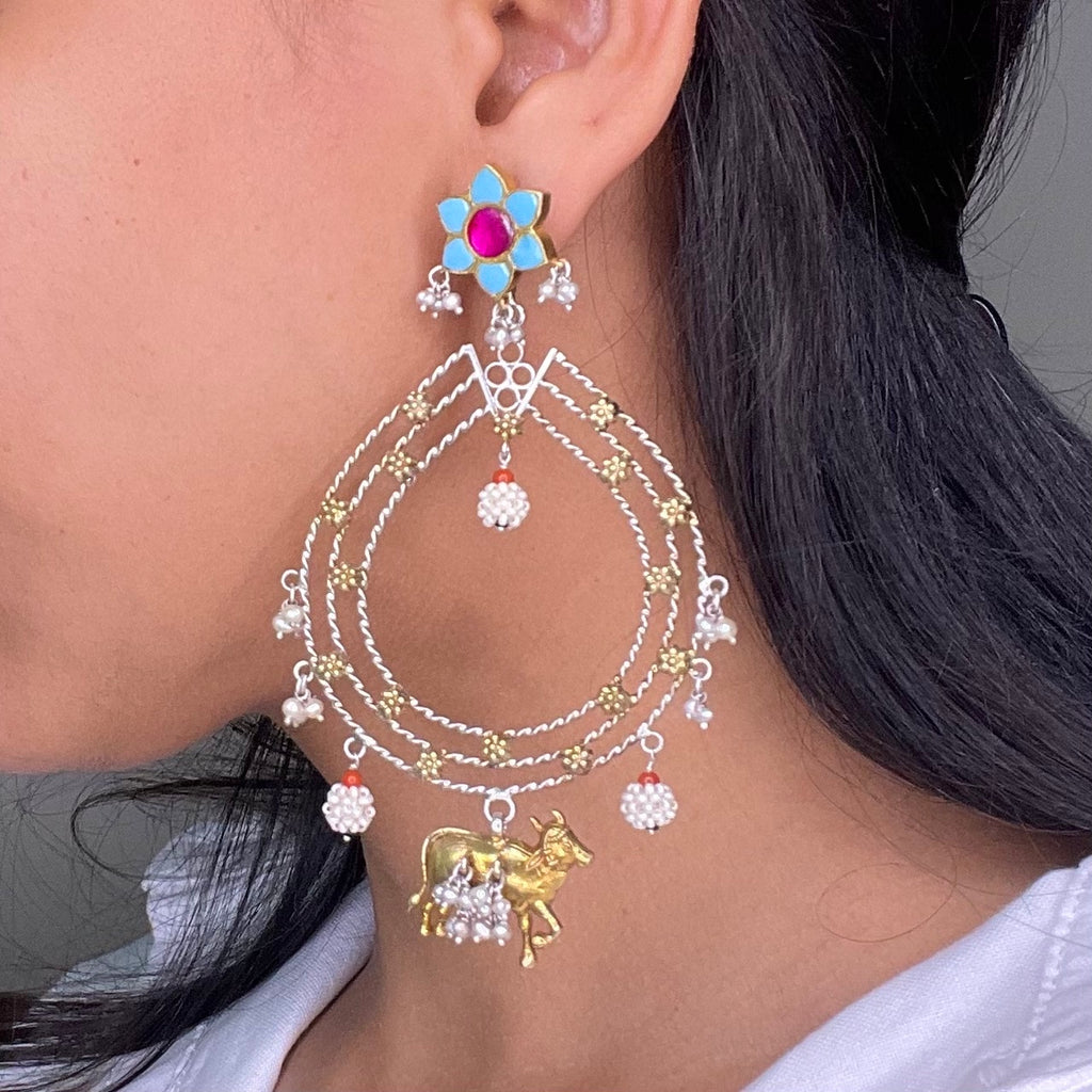 Aviya Earrings - With Blue Flower and Nandi Motif