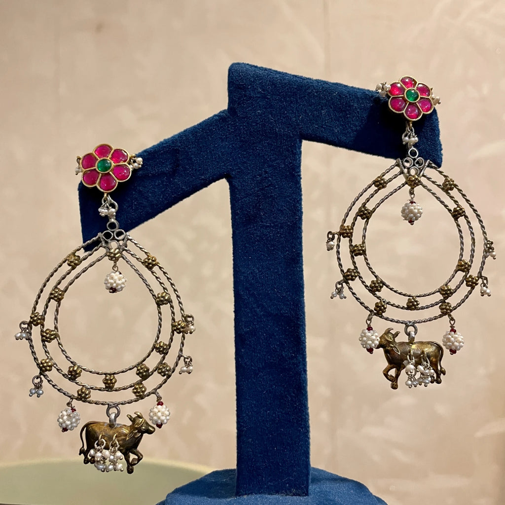 Aviya Earrings (Red Flower & Nandi Motif)